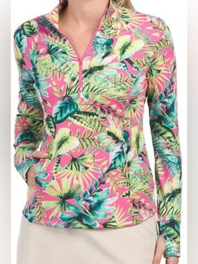 Tommy Bahama Pink and Green Palm-Print Golf Top